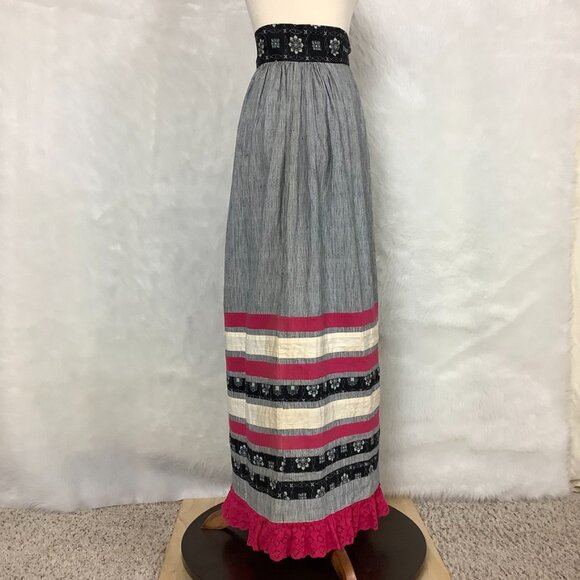 Vintage 60s 70s Peasant Striped Mixed Print Crochet Hem Maxi Skirt 6 - Picture 5 of 6
